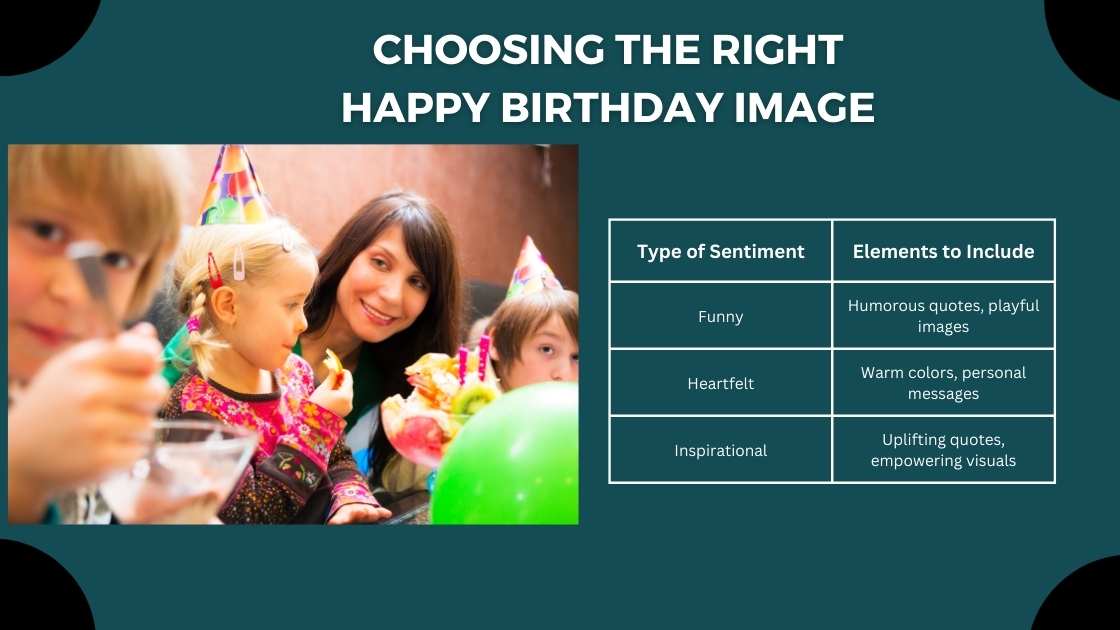 Type of Sentiment	Elements to Include
Funny	Humorous quotes, playful images
Heartfelt	Warm colors, personal messages
Choosing The Right Happy Birthday Image